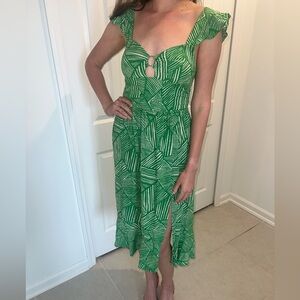 Green Patterned Midi Dress with Keyhole Front